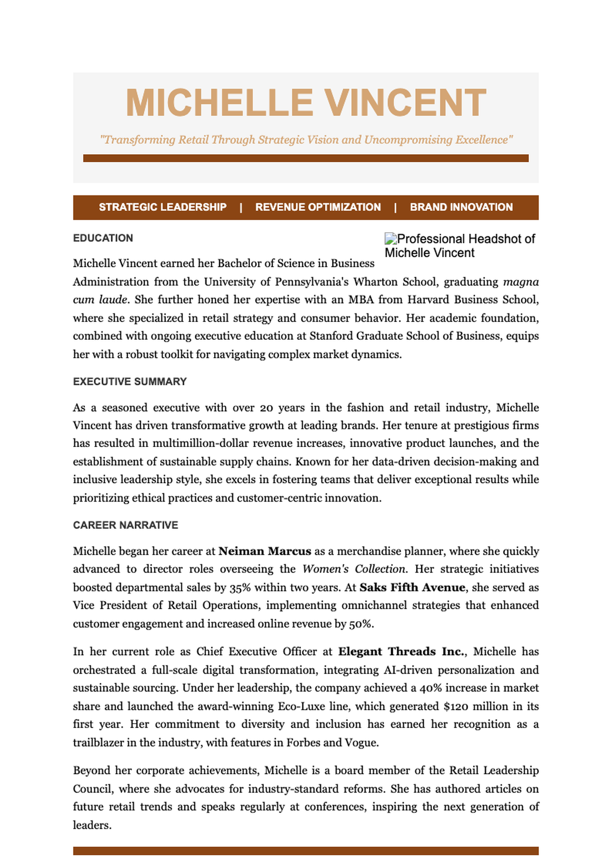 Professional executive bio for Michelle Vincent fashion industry leader_variant_3